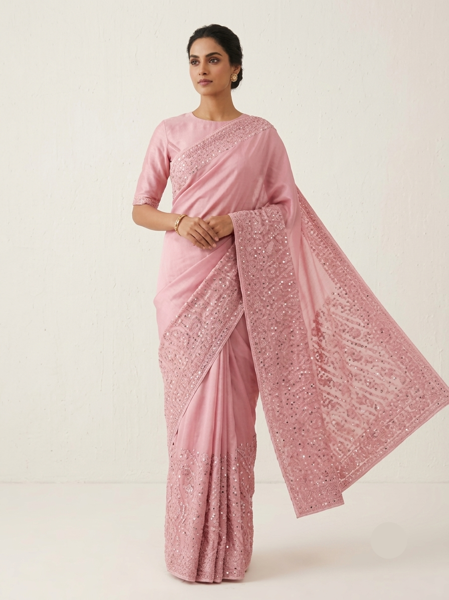 Elegant Soft Pink Saree with Shimmering Sequin Embroidery