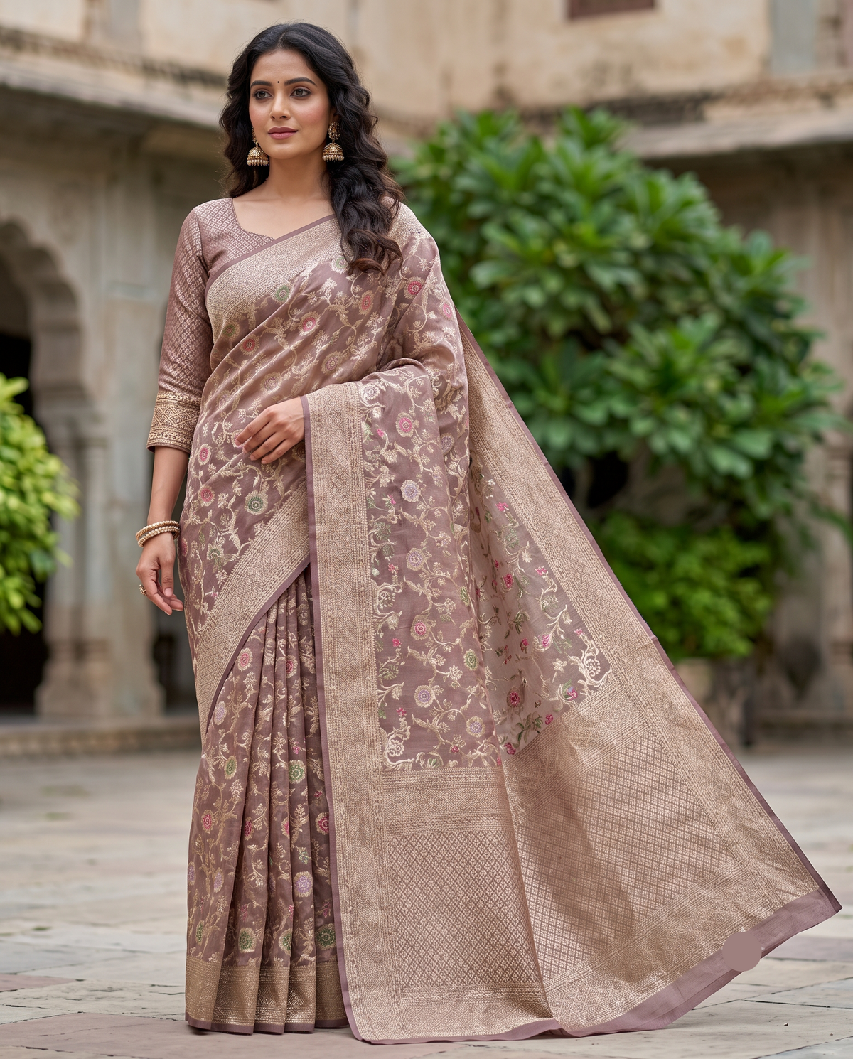 Brown Silk-Look Saree with Multicolour Floral Motifs