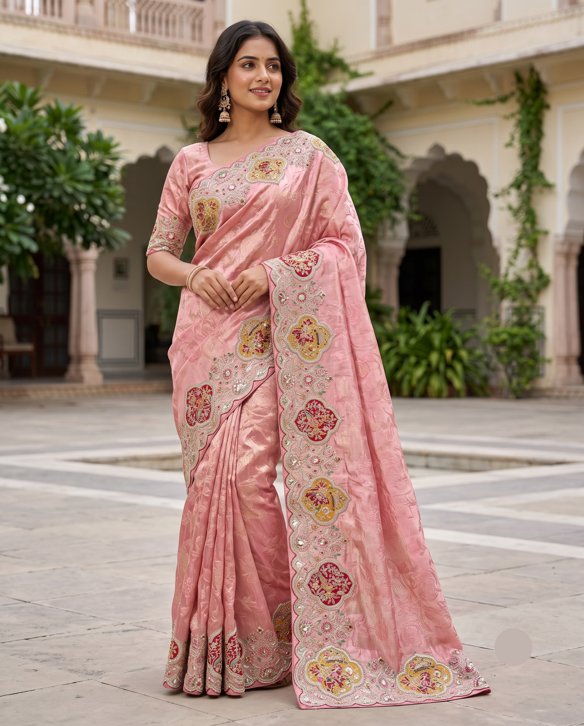 Blush Pink Designer Saree with Multicolour Floral Embroidery Main image