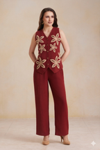 Crimson Floral Waistcoat Co-ord Set