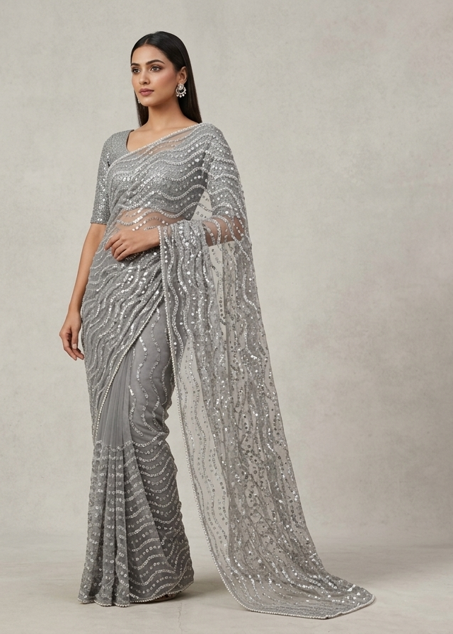 Lavender Net Saree with Shimmering Sequin Embroidery Main image