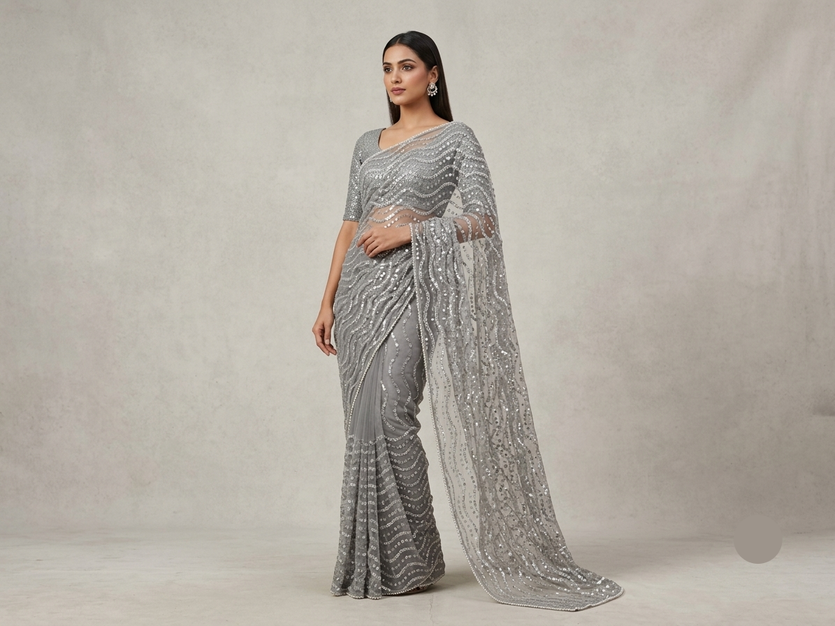 Lavender Net Saree with Shimmering Sequin Embroidery