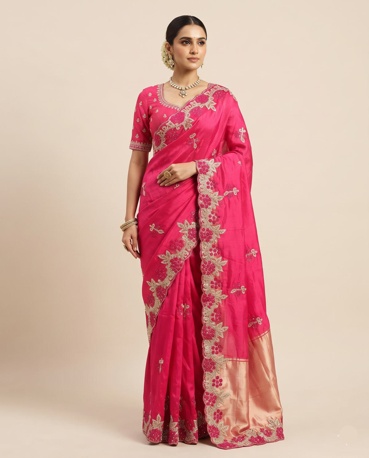 Pink Floral Embroidered Saree