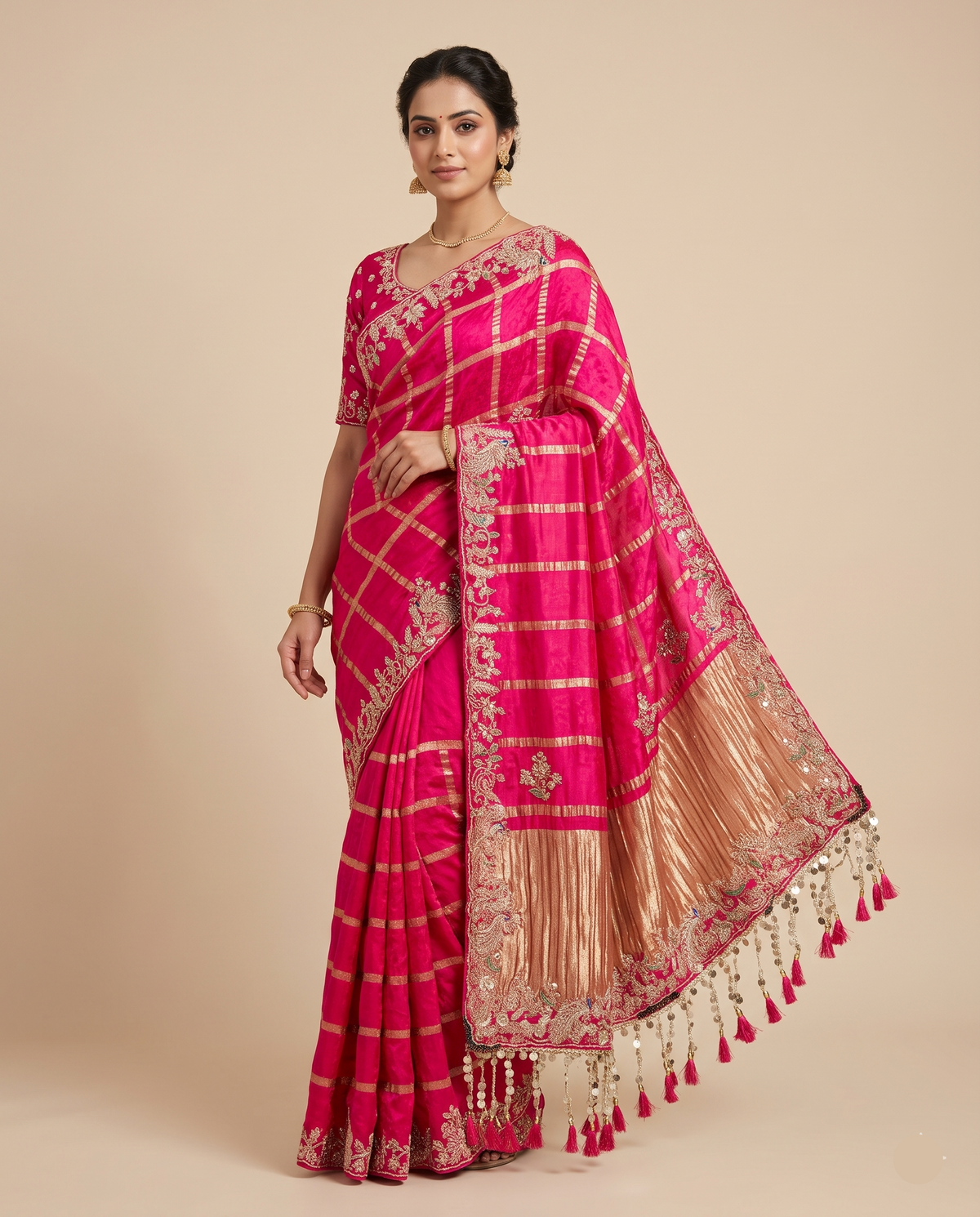 Rani Pink Chanderi Silk Saree with Zari Checks, Scalloped Border Main image