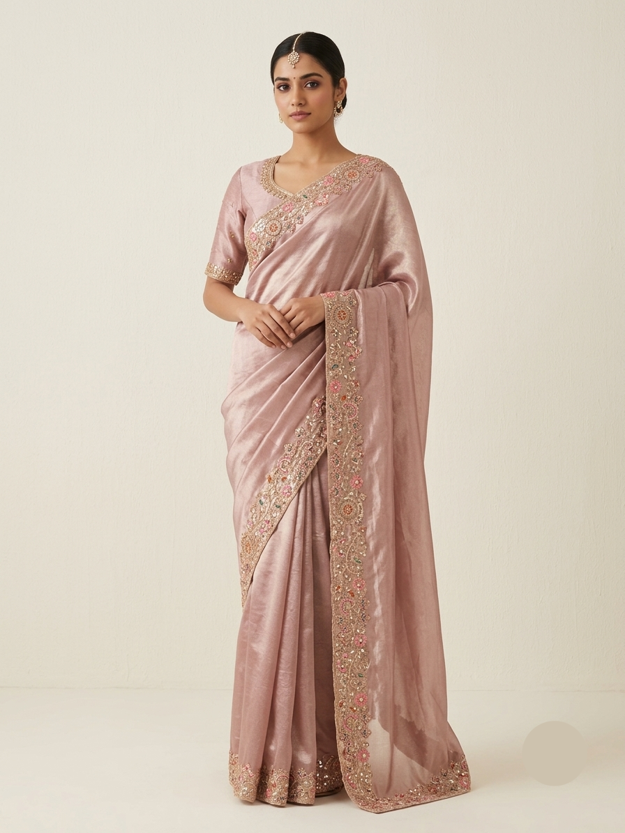 Blush Pink Silk Saree with Floral Embroidery Main image