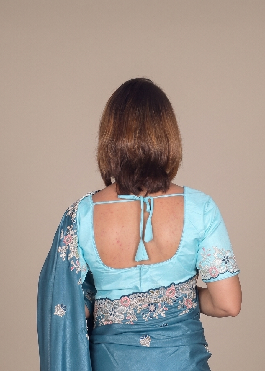 Floral Cutwork Teal Blue Silk Saree