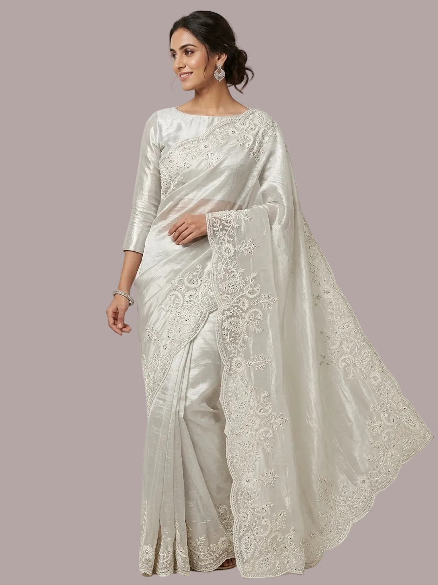 Cream Organza Saree with White Floral Embroidery and Scalloped Border