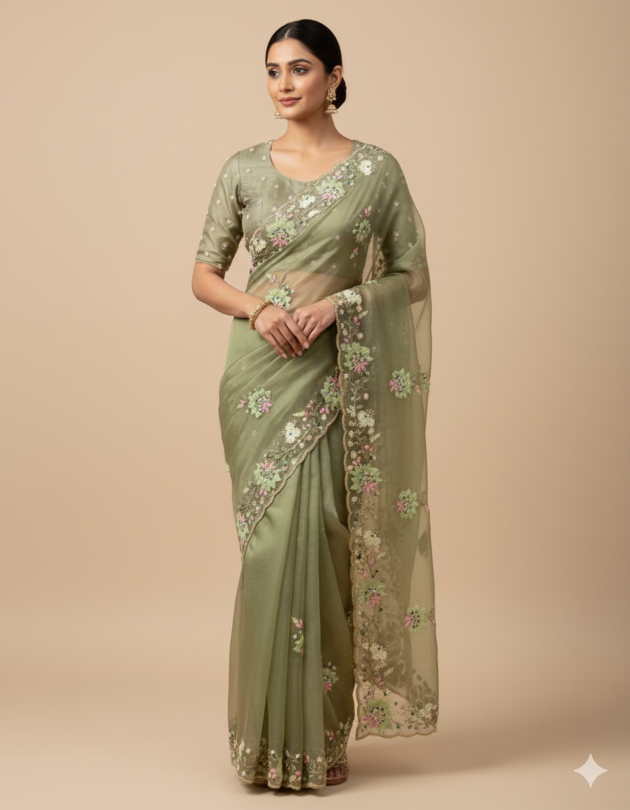 Sage Blossom Cape Saree Main image