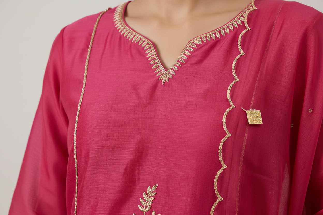 Fuschia Pink Silk Embroidered Pant Suit Set