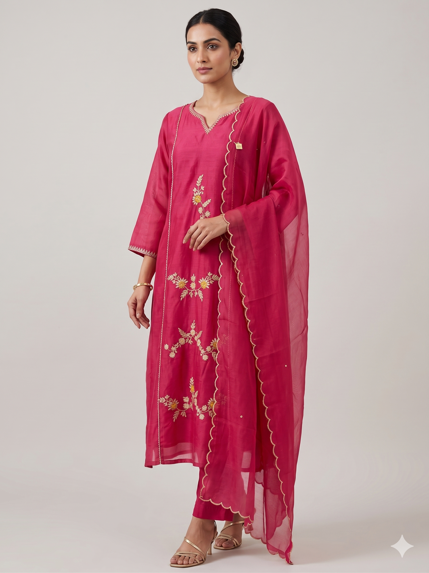 Fuschia Pink Silk Embroidered Pant Suit Set