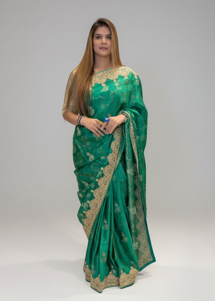 Emerald Green Embroidered Silk Saree Main image
