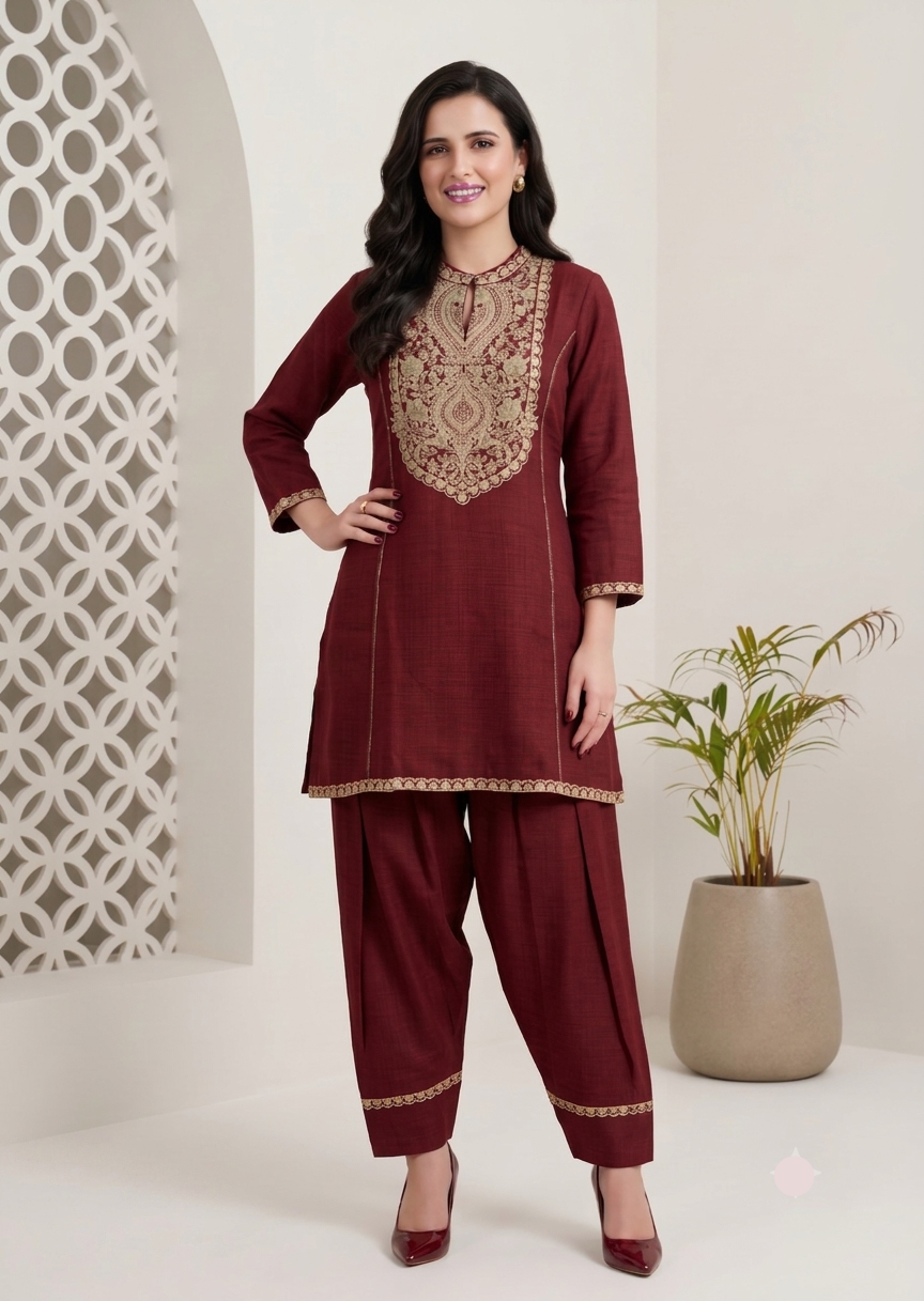 Deep Maroon Gold Embroidered Yoke Tunic & Dhoti Pants Set
