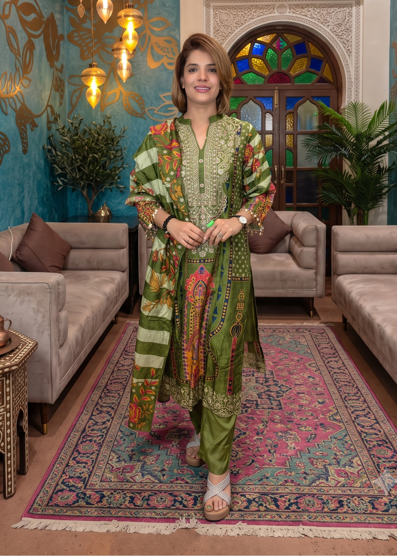 Embroidered & Printed Silk Suit Set Main image