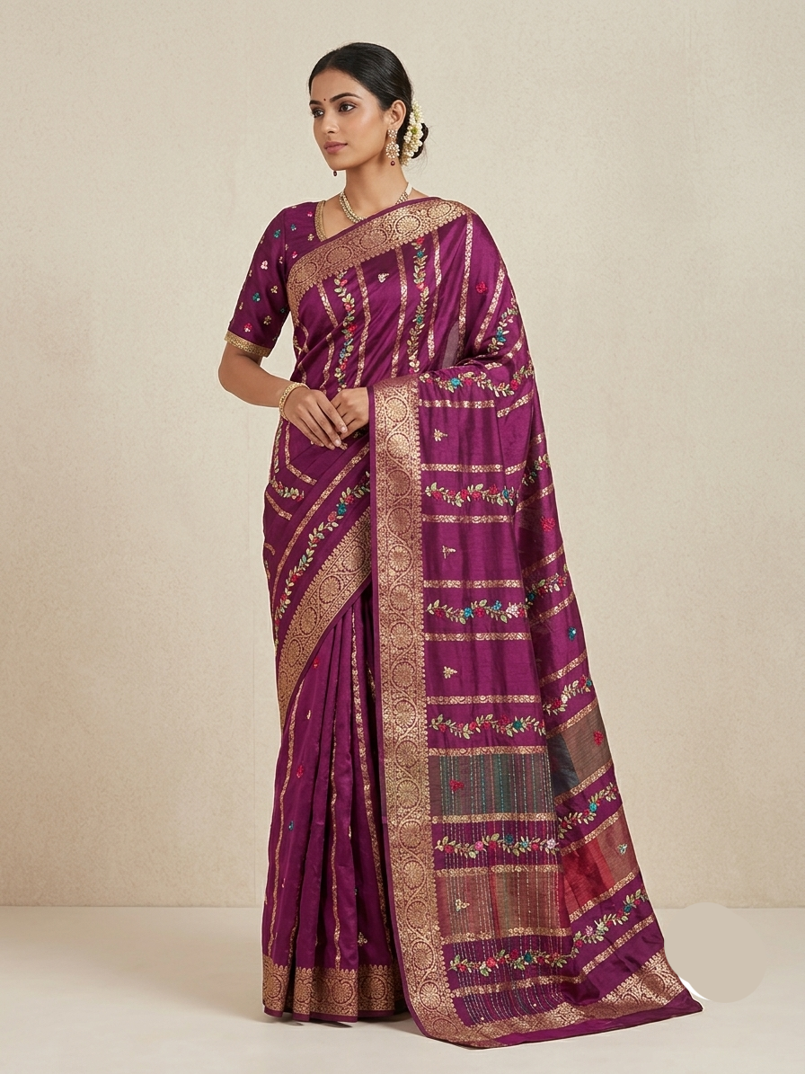 Purple Silk Saree with Floral Embroidery and Traditional Golden Border Main image