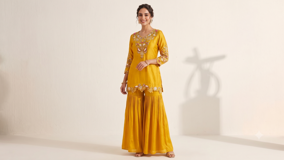 Mustard Yellow Hand-Embroidered Silk Kurti Sharara Set