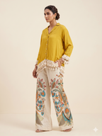 Mustard Tassel-Detail Shirt & Floral Print Palazzo Set