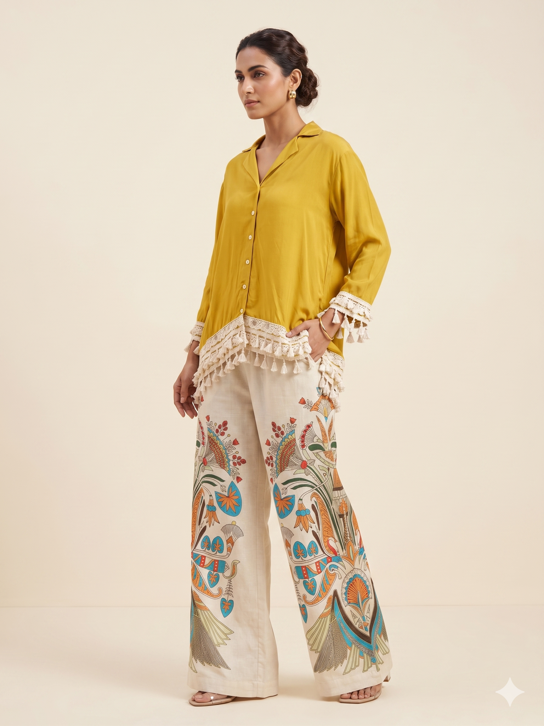 Mustard Tassel-Detail Shirt & Floral Print Palazzo Set