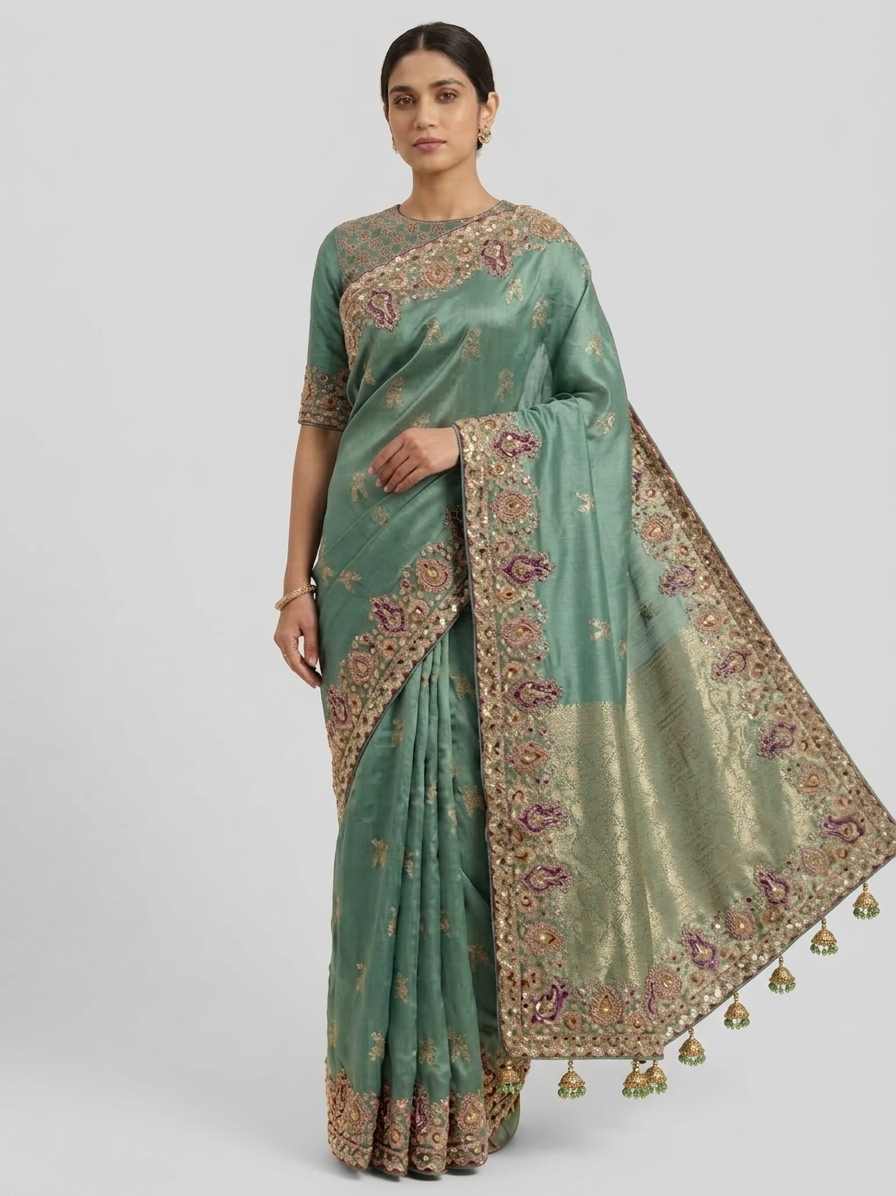 Sea Green Silk Saree with Golden Paisley Embroidery and Ornate Border