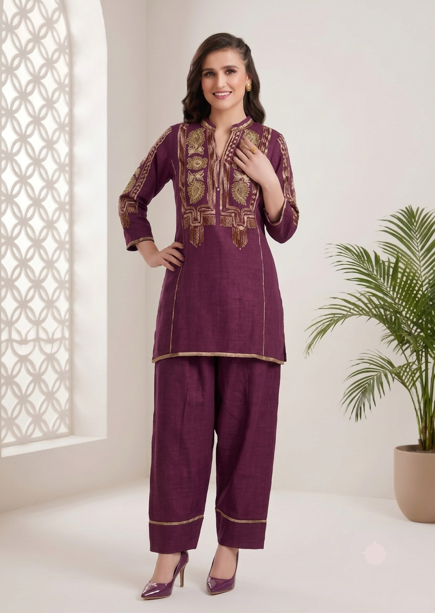Plum Purple Gold Embroidered Tunic & Dhoti Pants Set
