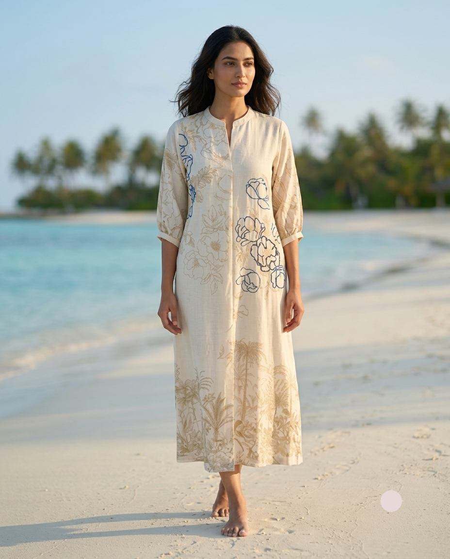 Beige Linen Embroidered Botanical Resort Kurti