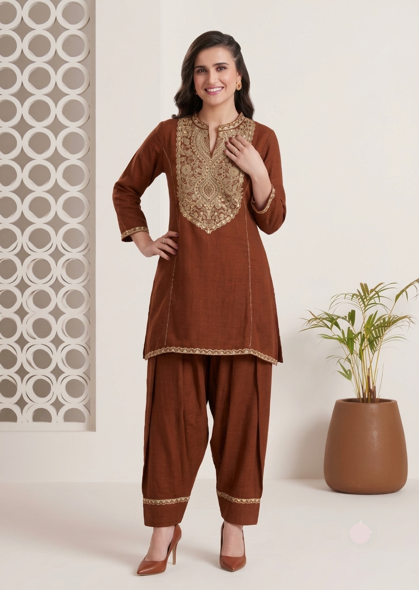 Rich Brown Embroidered Yoke Tunic & Dhoti Pants Set