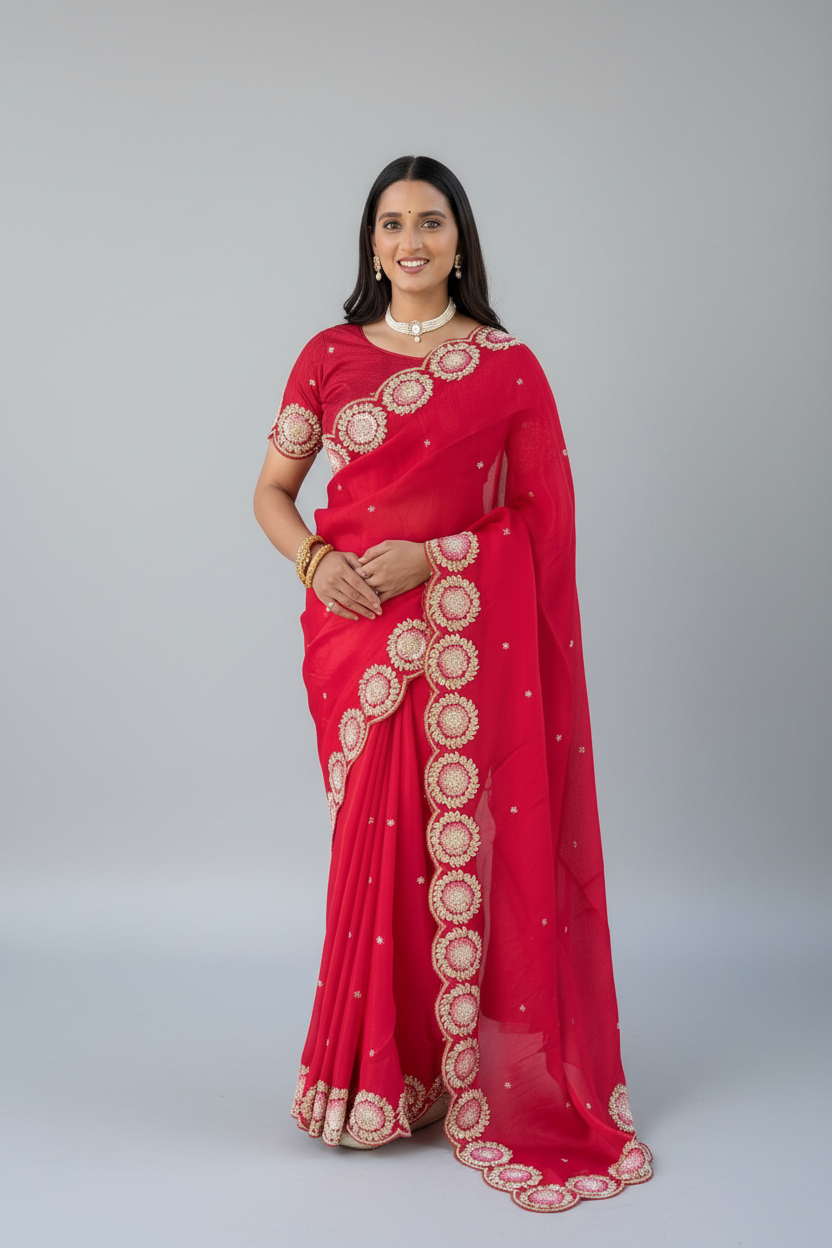 Radiant Crimson Red Organza Saree Main image