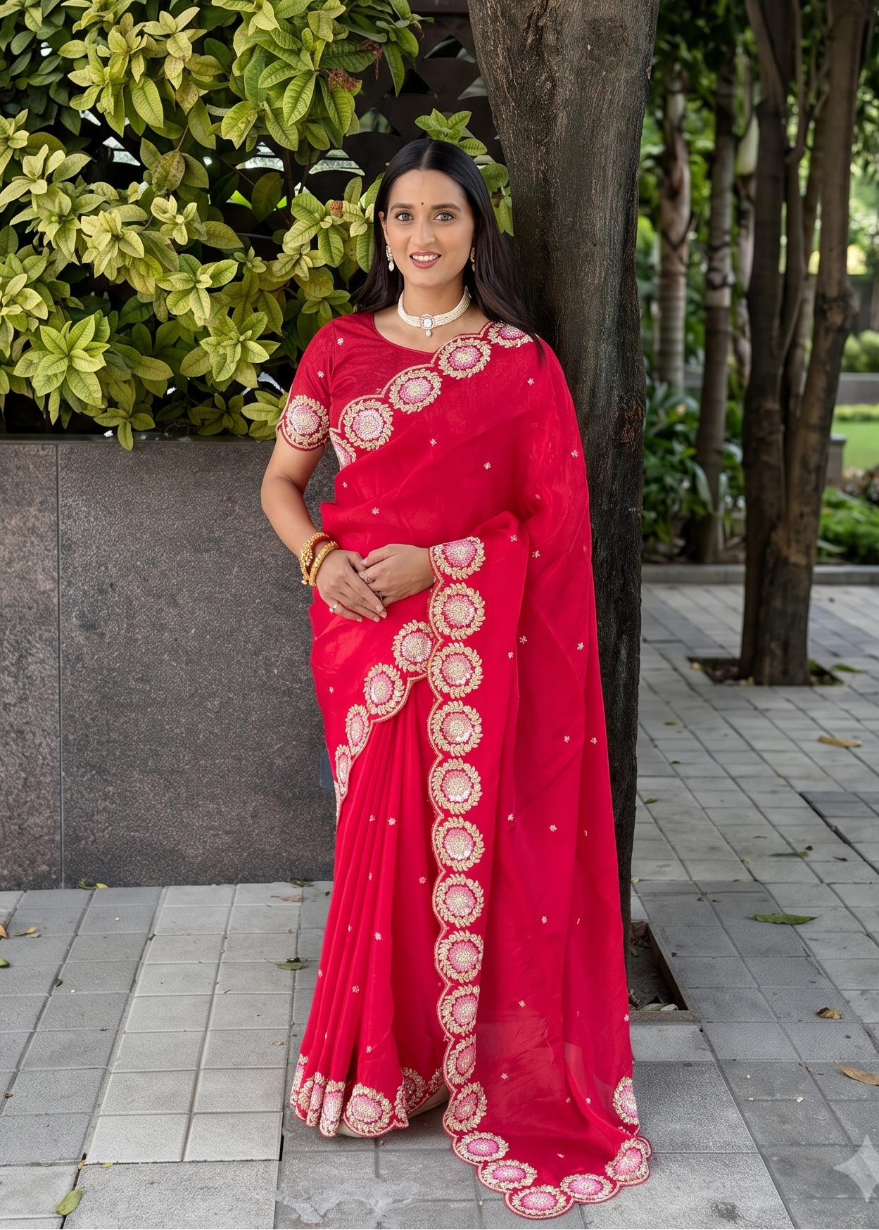 Radiant Crimson Red Organza Saree
