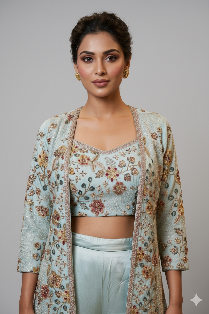 Embroidered Crop Top and Jacket Palazzo Set Secondary image