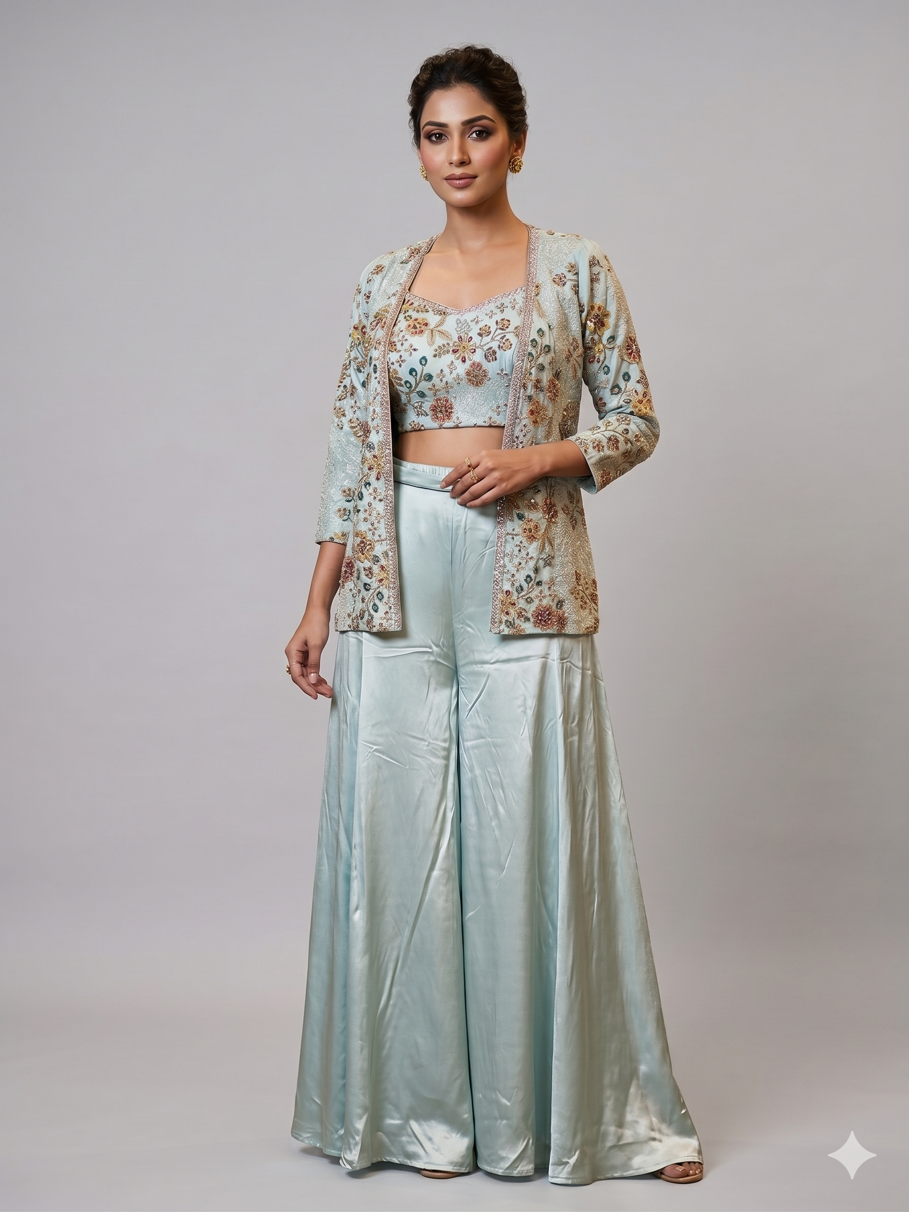 Embroidered Crop Top and Jacket Palazzo Set