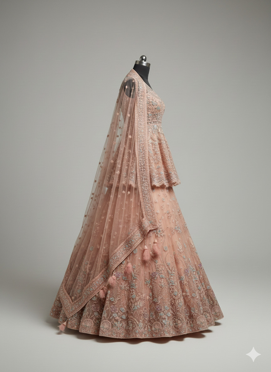 Peach Peplum Choli Lehenga with Pastel Floral Work (DC-24177 D-56)