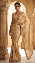 Buy Metallic Champagne Shimmer Drape Saree with Corset Blouse for women