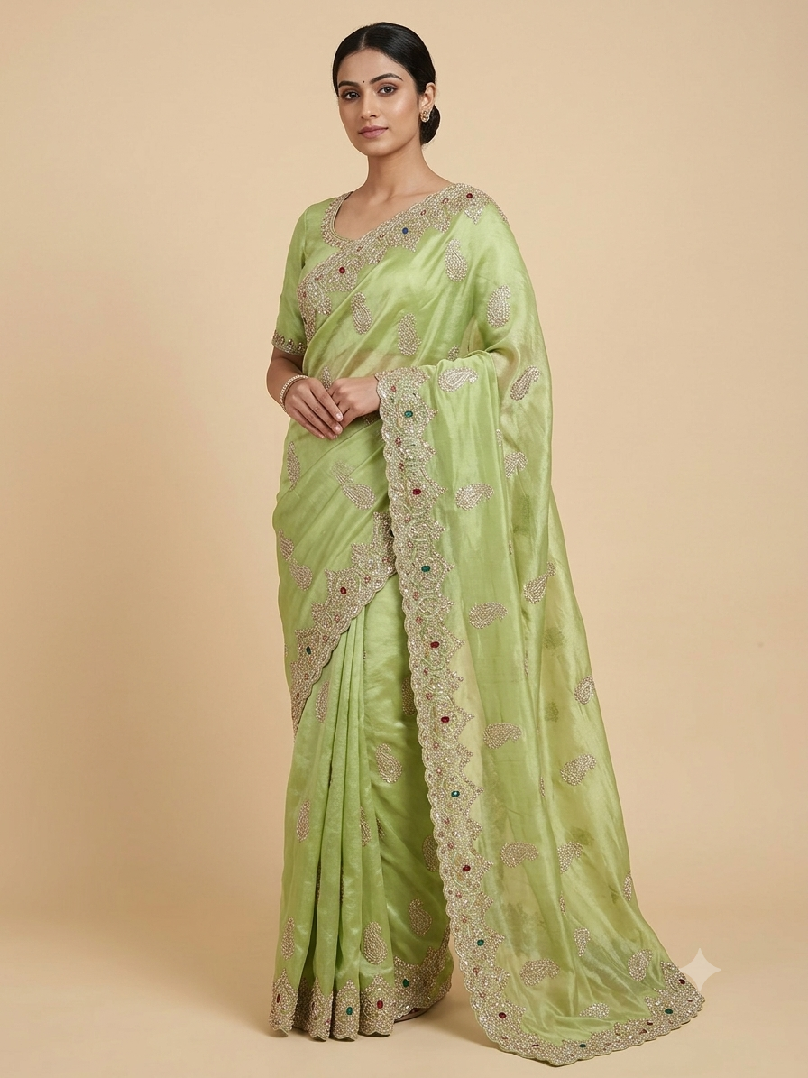 Pista Green Organza Saree with Pearl Embroidery