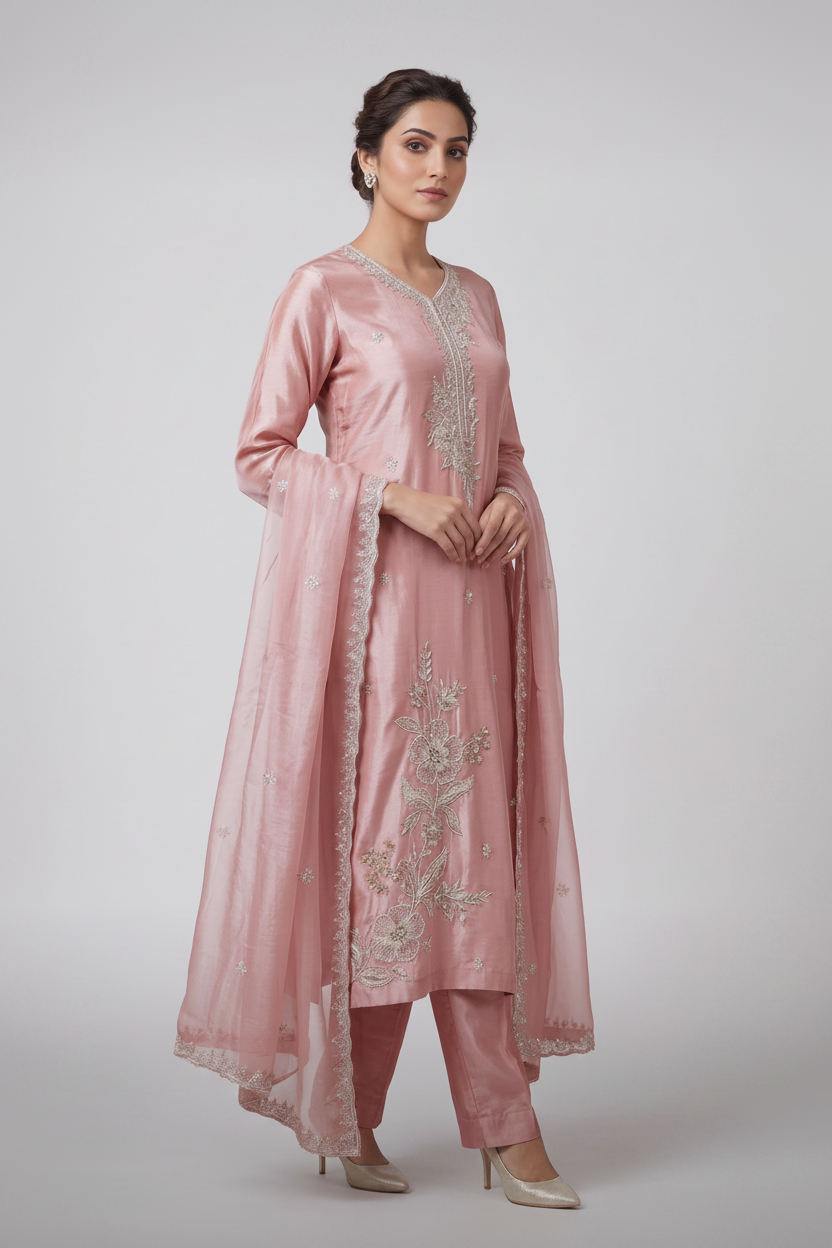 Pink Silk Chanderi Suit Set