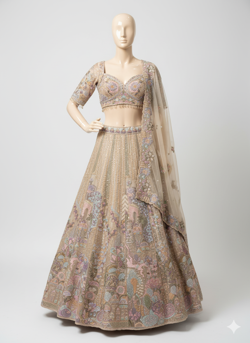 Nude beige & Pastel Heritage Lehenga (SSS-3770S D-4)