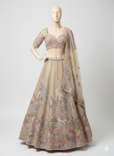 Nude beige & Pastel Heritage Lehenga (SSS-3770S D-4)