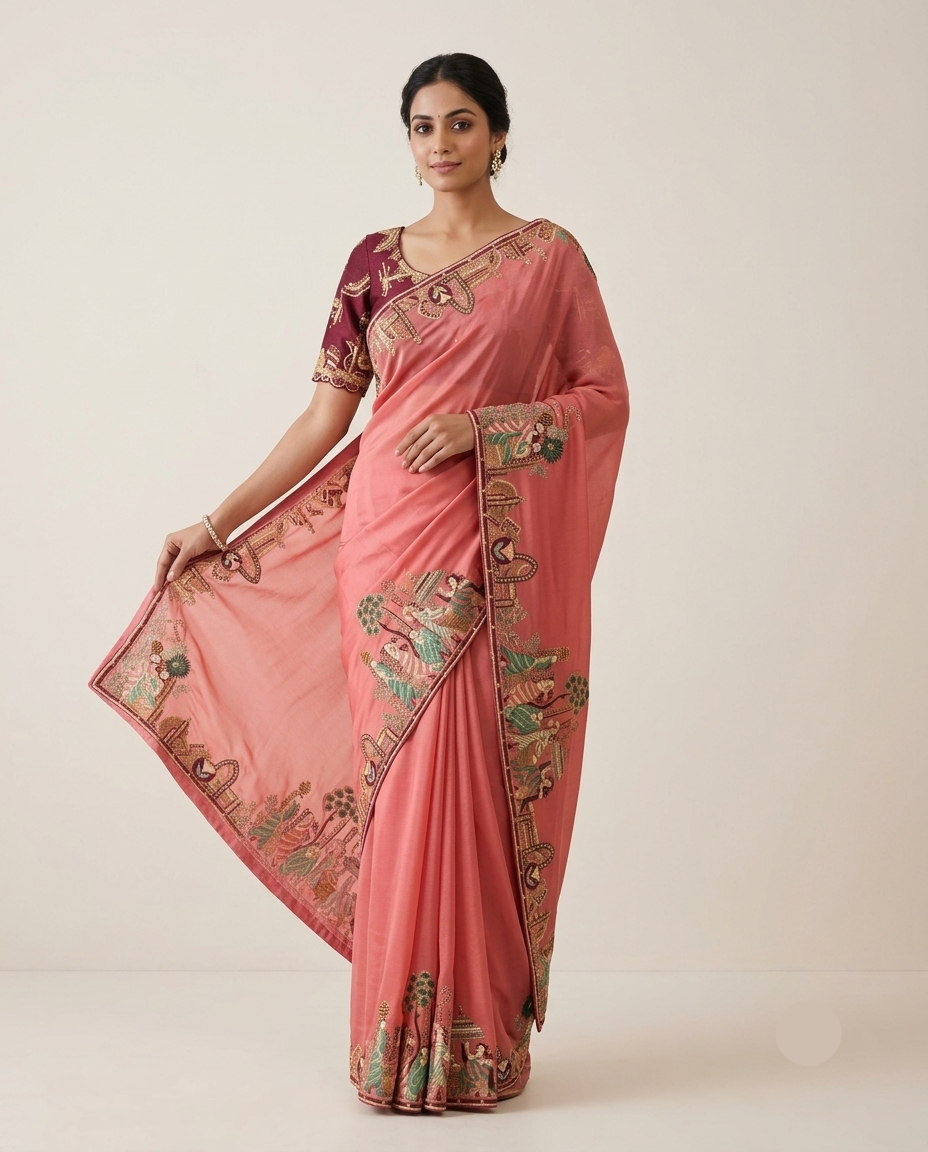 Coral Pink Soft Saree with Traditional Embroidered Border Main image