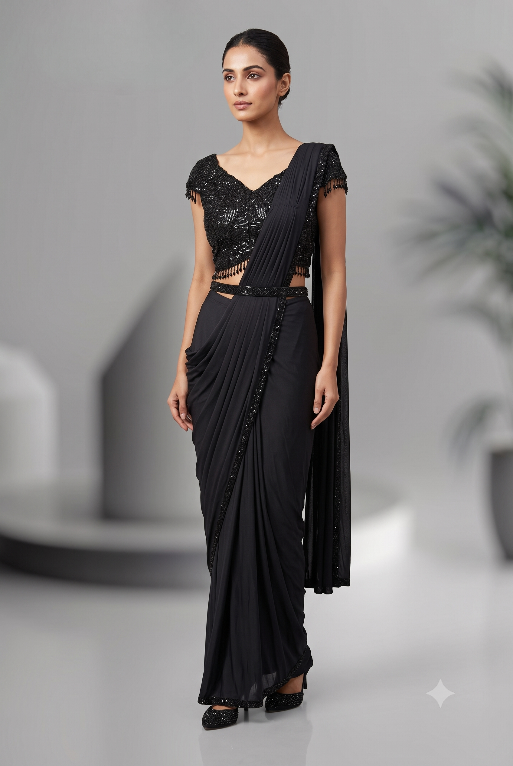Midnight Black Pre-Draped Saree Main image