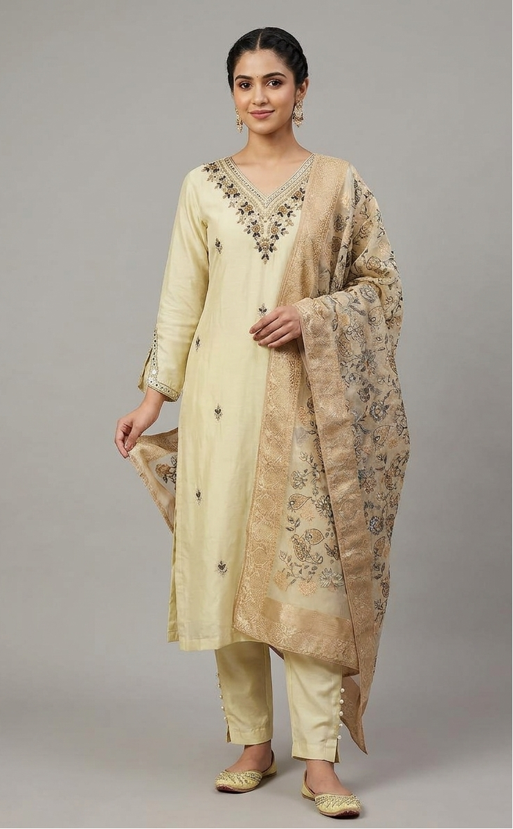 Champagne Gold Embroidered Silk Pant Set Main image