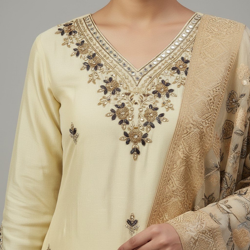 Champagne Gold Embroidered Silk Pant Set