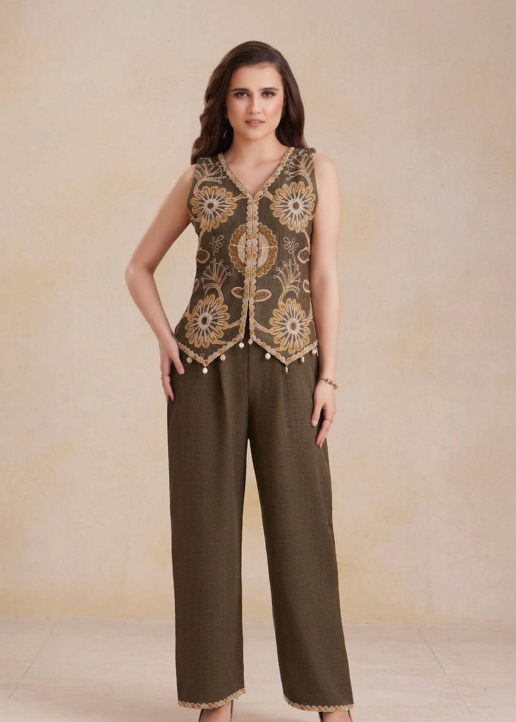 Sleeveless Embroidered Peplum and Trouser Set