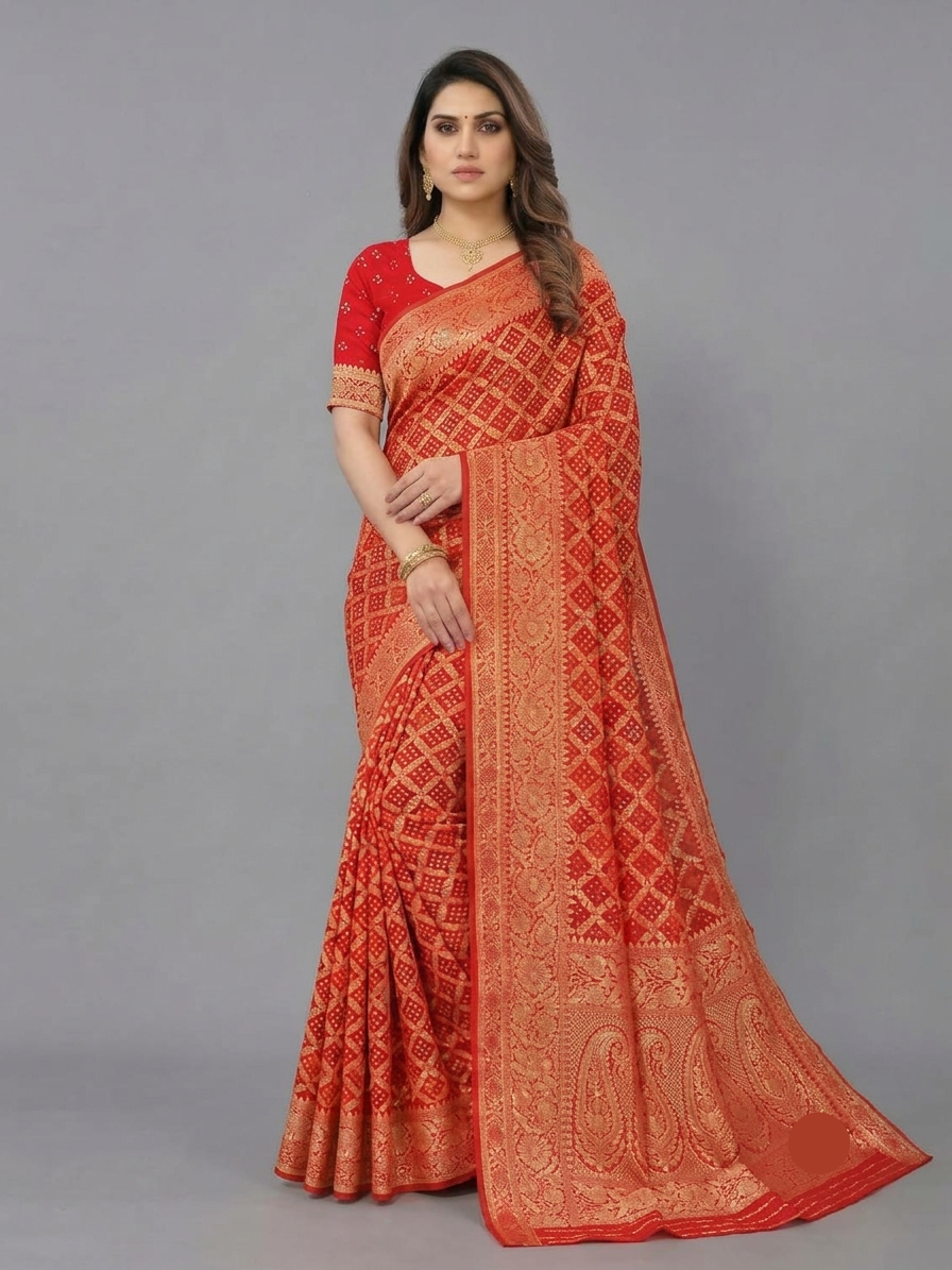 Vibrant Red Banarasi Silk Saree with Gold Zari Weaving