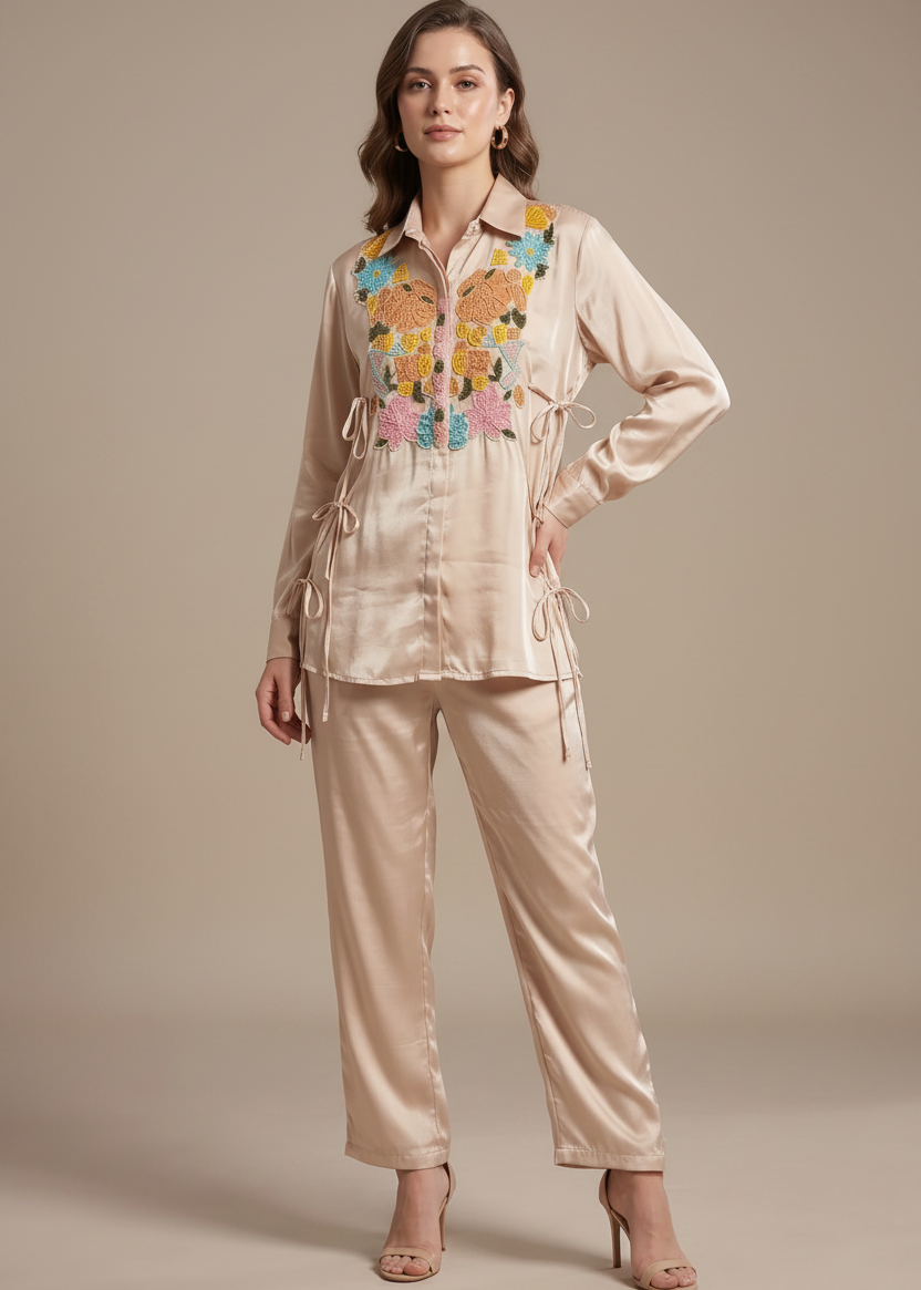 Chic Champagne Satin Shirt Co-ord Set