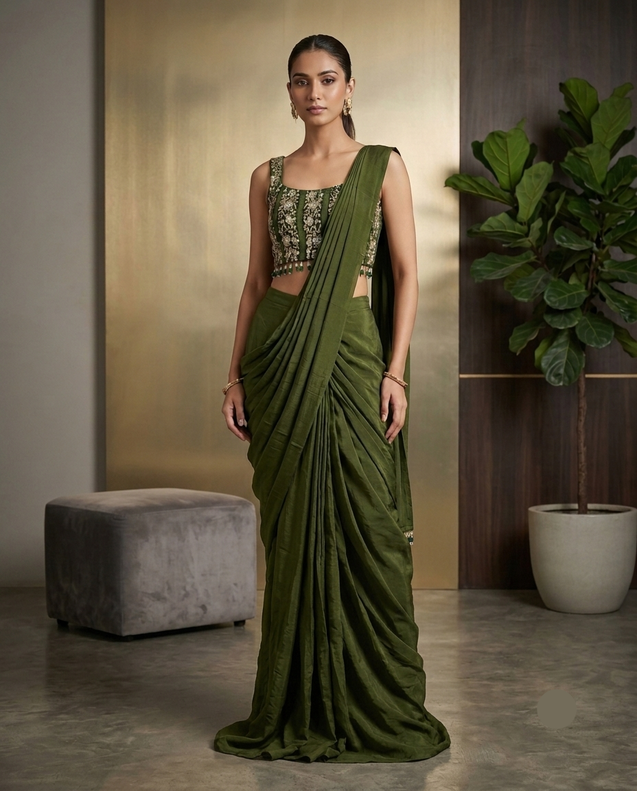 Olive Green Drape Saree with Embroidered Blouse