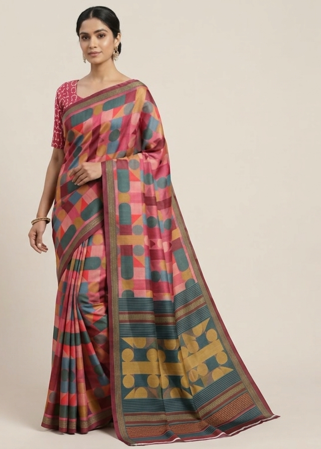 Multicolour Soft Fabric Saree with Abstract Geometric Print Main image