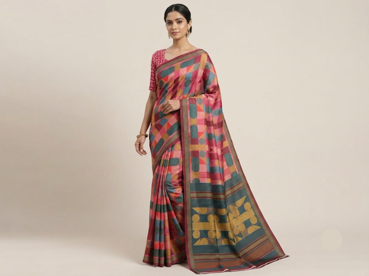 Multicolour Soft Fabric Saree with Abstract Geometric Print