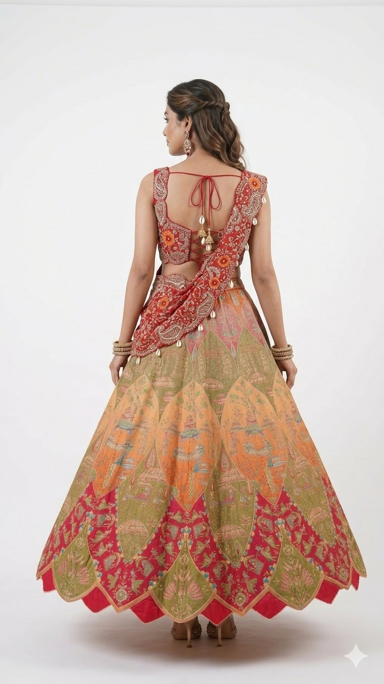 Multi-Color Digital Print Lehenga with Asymmetric Embroidered Blouse