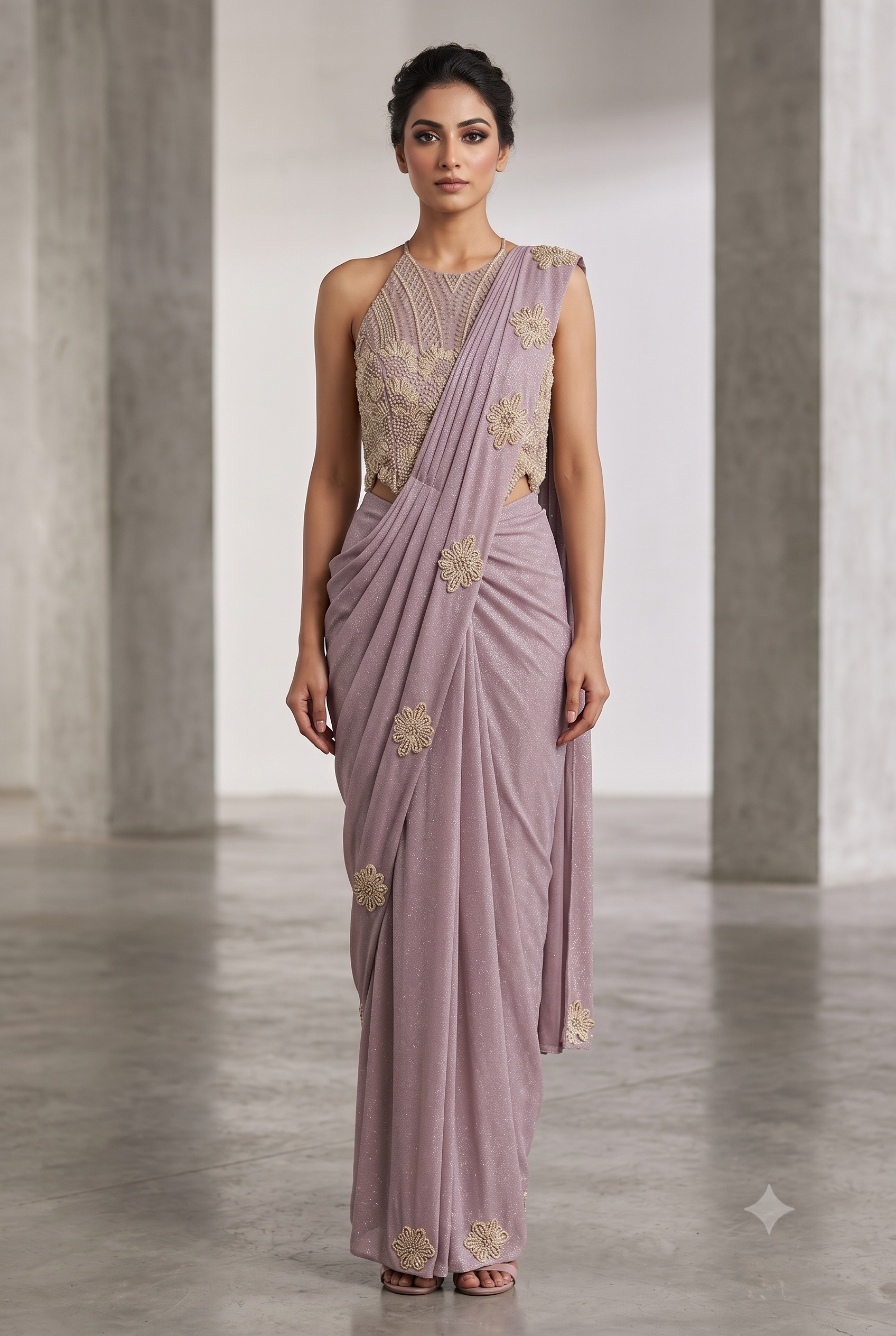 Floral Motif Shimmer Pre-Draped Saree Secondary image