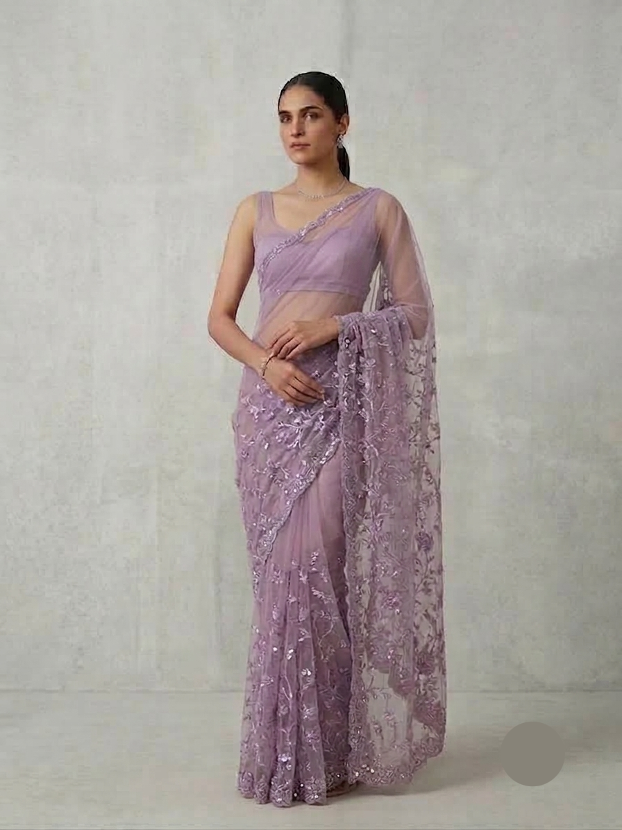 Mauve Net Saree with Floral Sequin Embroidery
