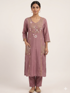 Mauve Silk Suit Set with Embroidered Pockets