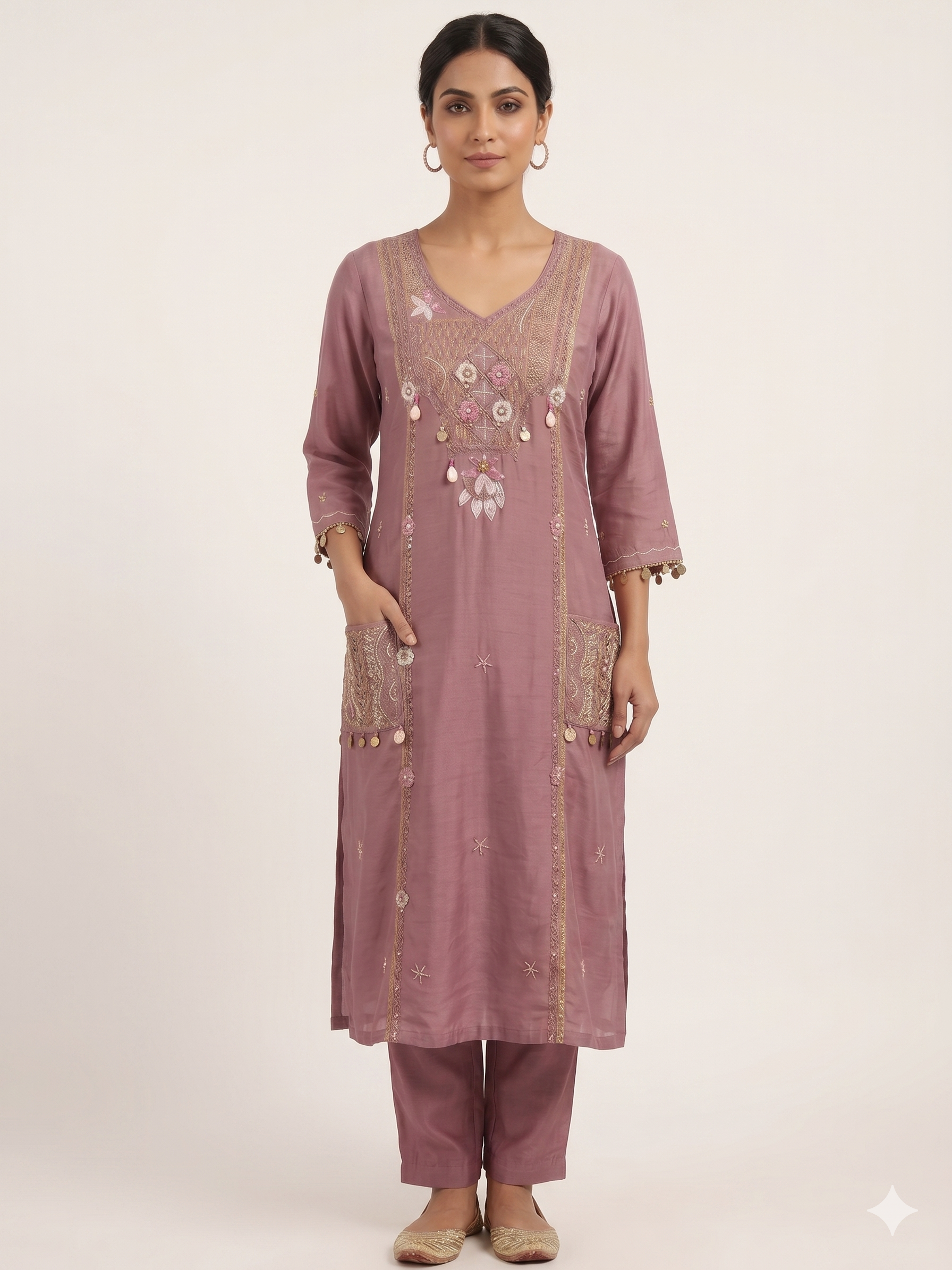 Mauve Silk Suit Set with Embroidered Pockets